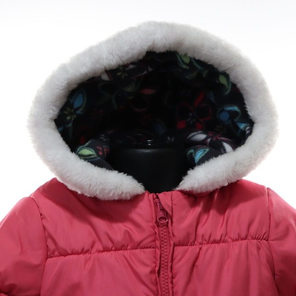 London Fog Girls Winter Puffer Jacket Coat 3T Pink Floral Hooded Fleece Lined - Picture 2 of 13